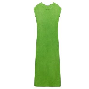 ZARA Apple Green Knit Midi Dress Cutwork Waist Size M